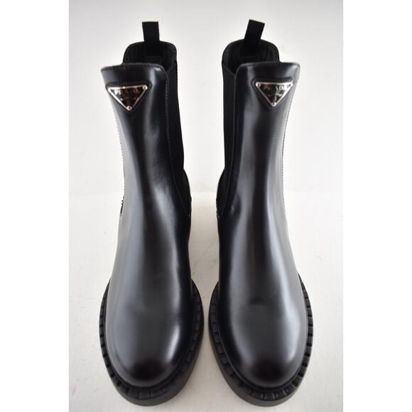 Prada Chocolate Brushed Leather Black Pull On Chelsea Ankle Mid Calf Boot 38.5 - Picture 6 of 16